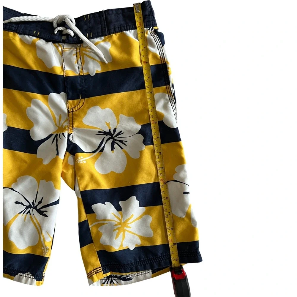 Gymboree Swim Trunks Size 7 Yellow Navy Blue Excellent Hibiscus Striped Cargo